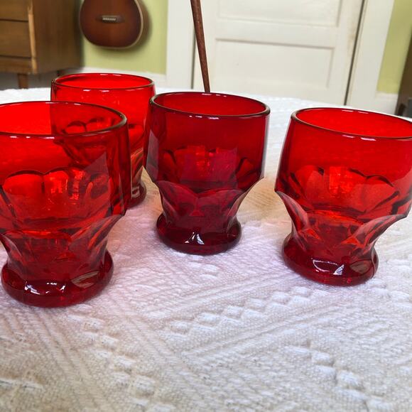 VTG Set 5 Anchor Hocking Ruby Red Georgian Honeycomb Rocks Glasses MCM 60s 70s - Picture 5 of 7